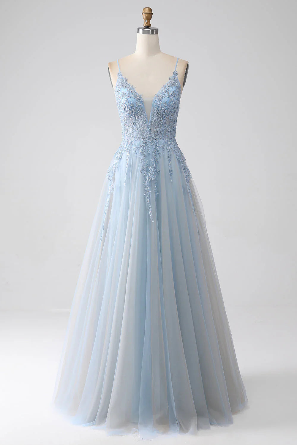 omberprom A-Line Evening Dress Spaghetti Straps Long Prom Dress with Beading Grey Blue