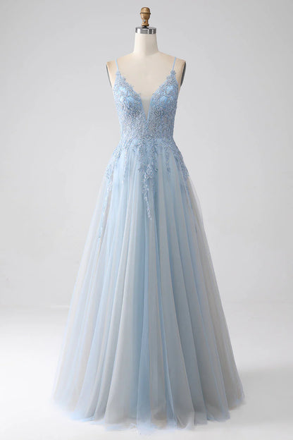 omberprom A-Line Evening Dress Spaghetti Straps Long Prom Dress with Beading Grey Blue