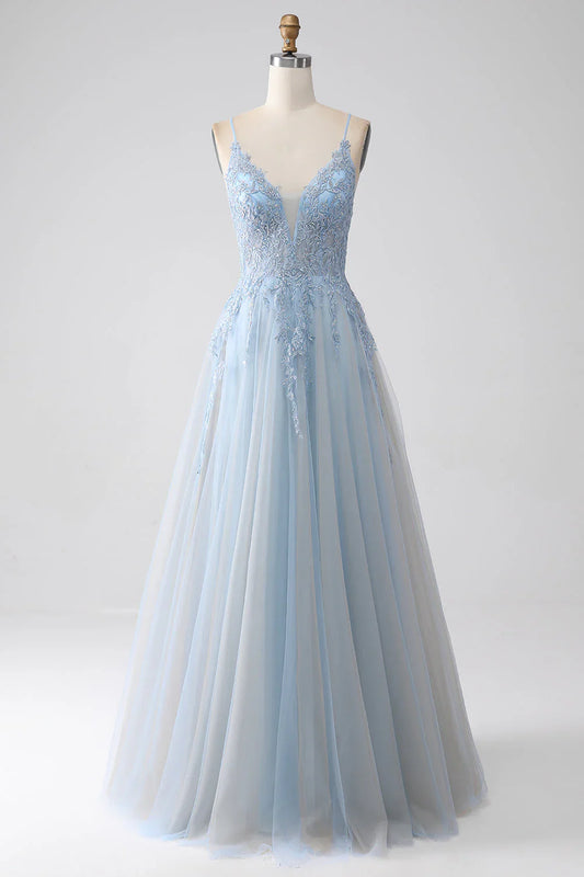 omberprom A-Line Evening Dress Spaghetti Straps Long Prom Dress with Beading Grey Blue