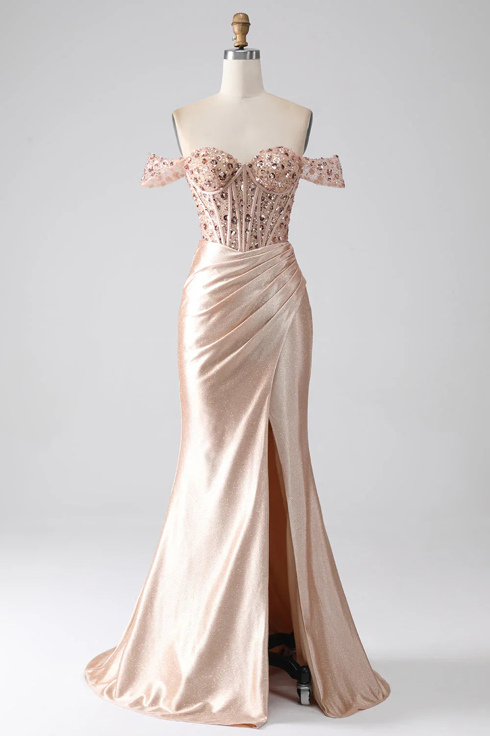 omberprom Champagne Mermaid Evening Dress Off The Shoulder Sequins Corset Prom Dress With Slit