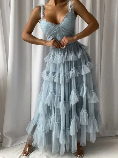 omberprom Blue A-Line Tulle Tiered Cute Prom Dress Party Gown Charming Evening Dress Wholesale