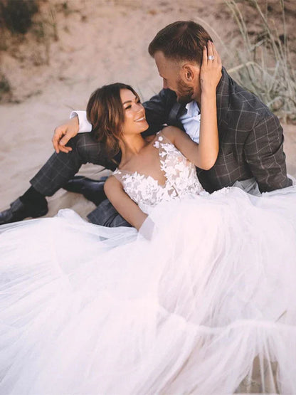 Unique Appliqued A-line Tulle Wedding Dresses With Chapel Train Floor Length Beautiful