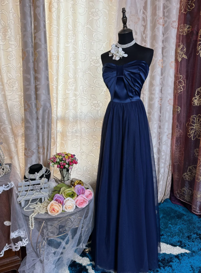 Simple Strapless Satin Tulle A Line Long Wedding Guest Dress Navy Blue Evening Dress Prom Gown SP1620