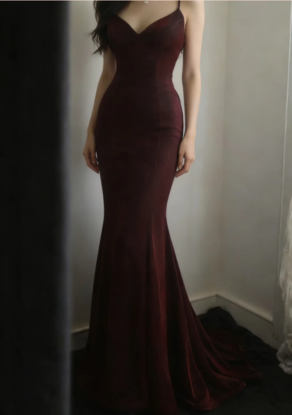 Charming Burgundy Spaghetti Straps Satin Mermaid Long Party Dress Backless Evening Gown