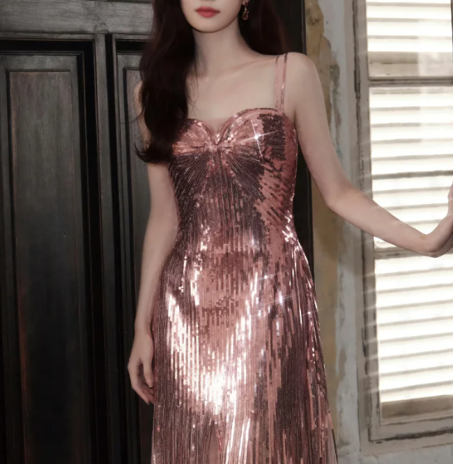 Sparkly Spaghetti Straps Pink Sequin Long Birthday Party Dress Evening Gown