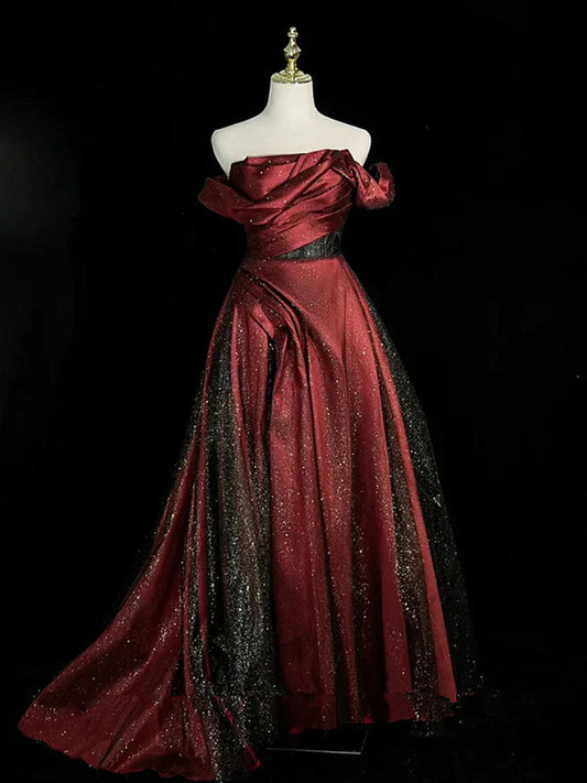 Black and Red Off Shoulder A-line Strapless Party Dress, Long Chic Prom Dress Evening Dress