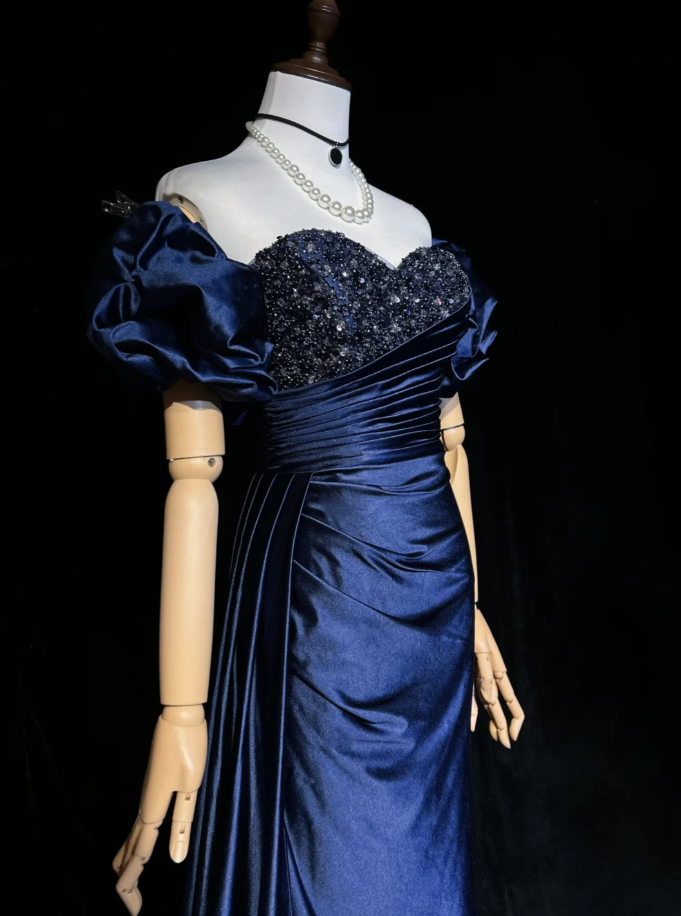 Elegant Off The Shoulder Navy Blue Satin Beaded Mermaid Long Evening Dress 18th Birthday Outfits SP1960