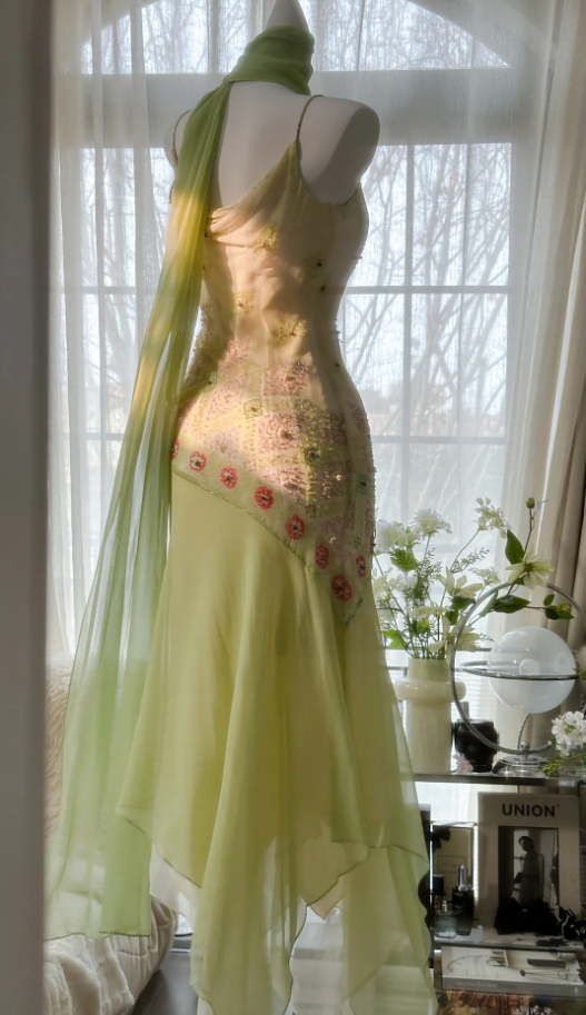 Classy Spaghetti Straps Light Green Chiffon Beaded Mermaid Long Party Dress Evening Gown