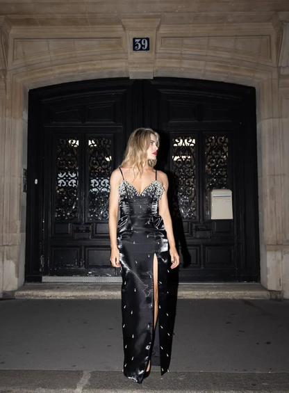 Charming Black Satin Beaded Slit Prom Dress,Spaghetti Straps Sheath Evening Gown Y8229