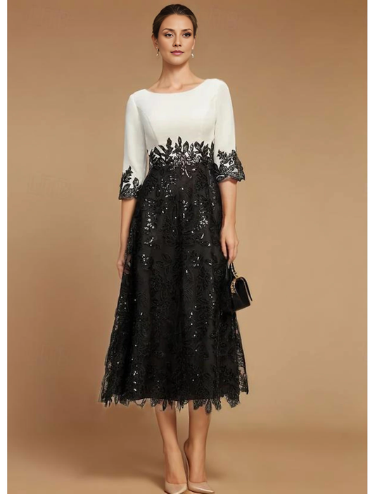 omberprom A-Line Mother of the Bride Dress Wedding Guest Elegant Vintage Jewel Neck Tea Length Lace Half Sleeve with Lace