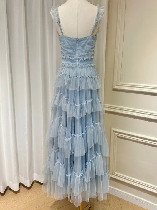 omberprom Blue A-Line Tulle Tiered Cute Prom Dress Party Gown Charming Evening Dress Wholesale