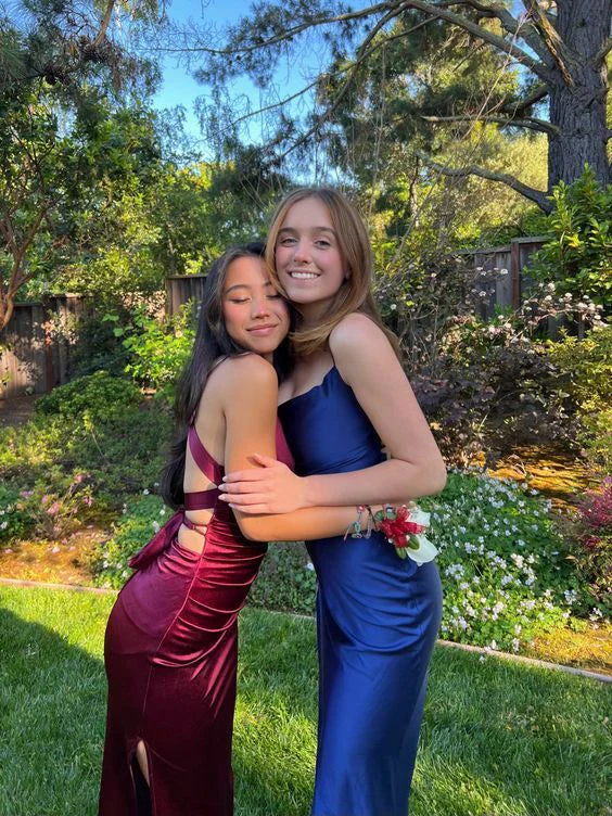 Wine Red Sexy V Neck Satin Mermaid Formal Prom Dress Sexy Party Dress Wholesale