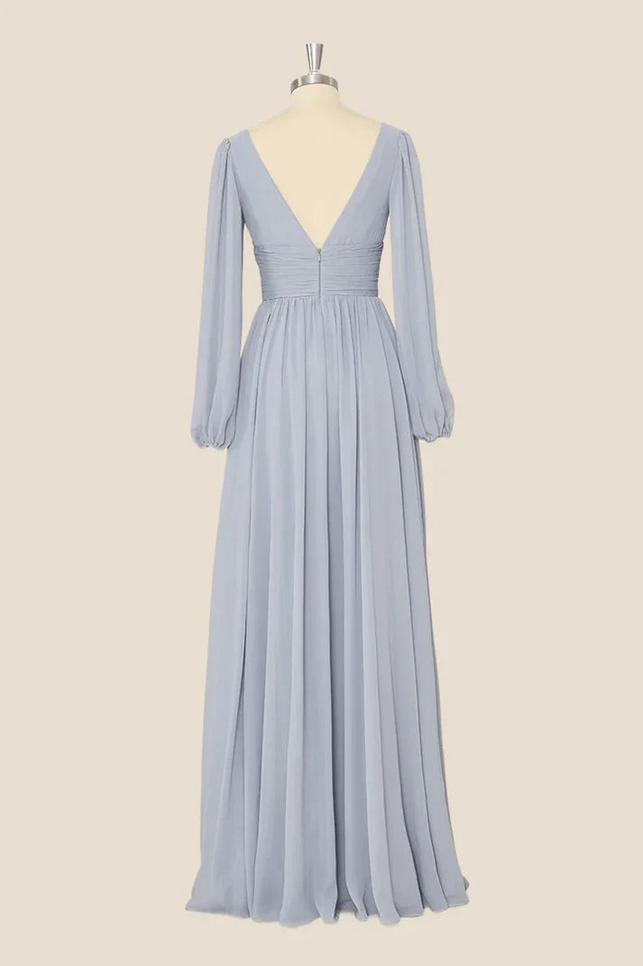 Grey Long Sleeves Chiffon A-Line Long Party Dress Bridesmaid Dress Elegant Evening Dress Wholesale
