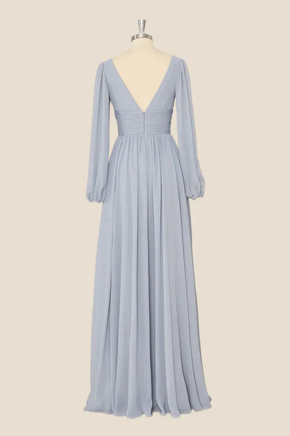 Grey Long Sleeves Chiffon A-Line Long Party Dress Bridesmaid Dress Elegant Evening Dress Wholesale