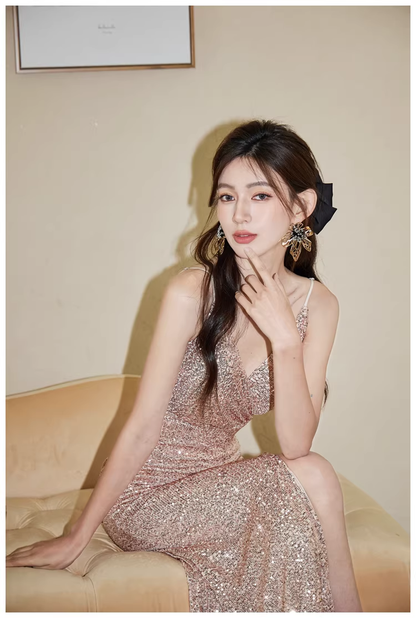 Sparkly Spaghetti Straps Champagne Gold Sequin Slit Mermaid Long Prom Dress Evening Gown