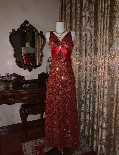 Vintage Red V Neck Sequin Beaded Mermaid Party Dress Long Evening Gown