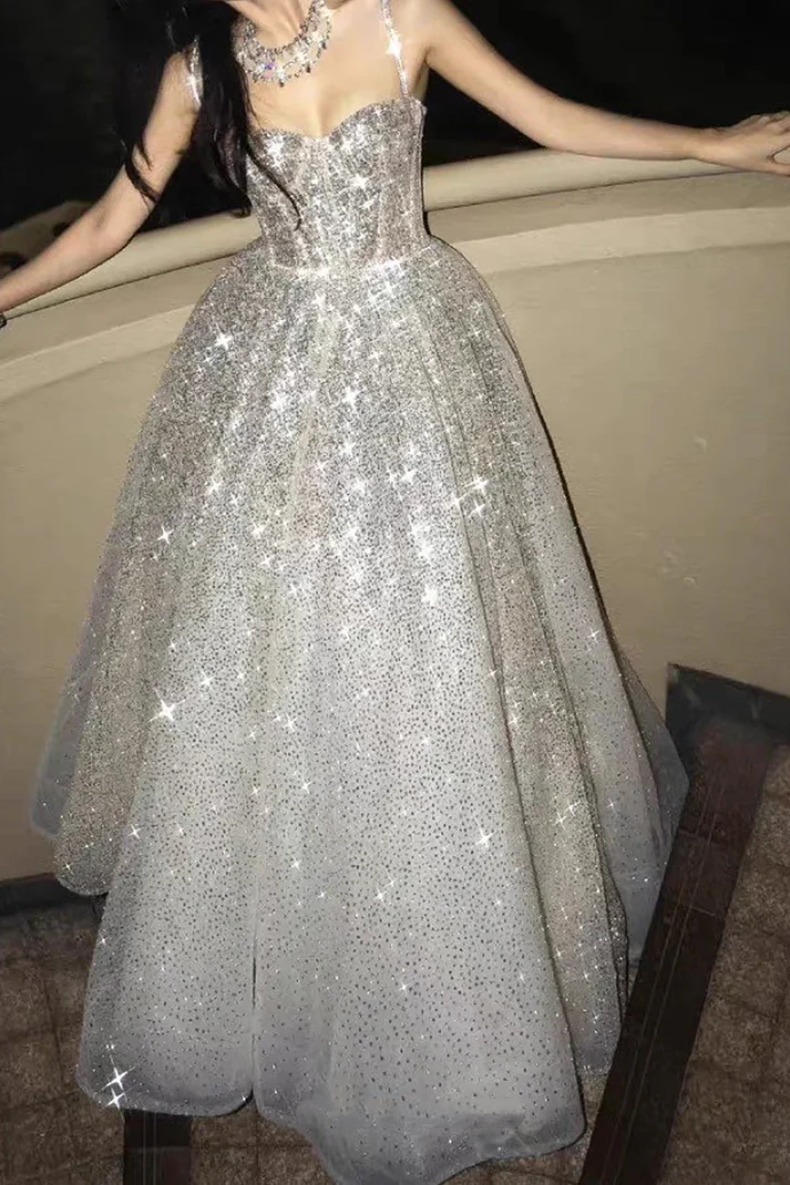 Glitter Spaghetti Straps Tulle Silver Sequin A Line Birthday Party Dress Long Evening Dress Prom Gown