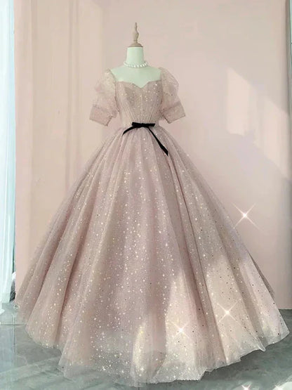 omberprom Sweetheart-Neck Tulle Half-Sleeve Prom Dresses Party Dress Off Shoulder Sparkly Wholesale