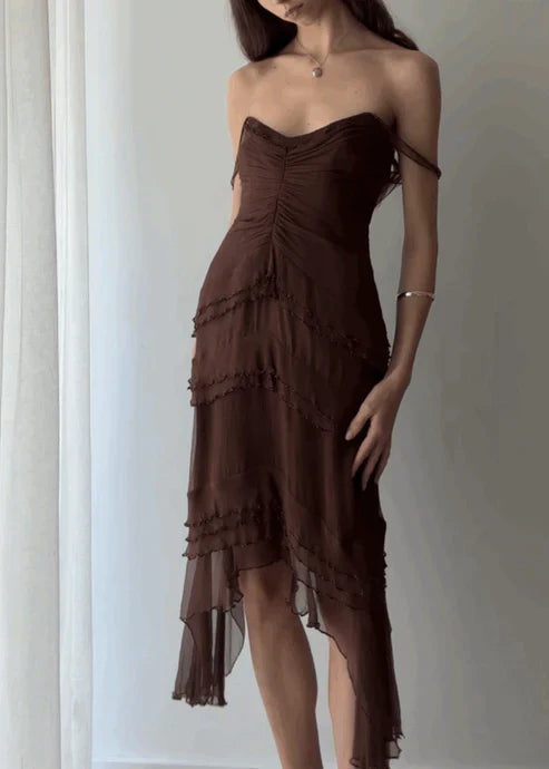Brown Spaghetti Straps Layered Elegant Midi Party Dress Off Shoulder Formal Dress