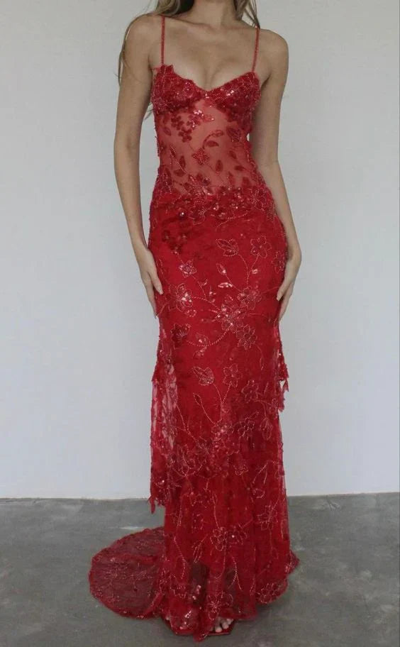 omberprom Elegant Sheath Spaghetti Straps Red Formal Dress Sparkly Long Prom Dresses Charming Party Evening Gowns
