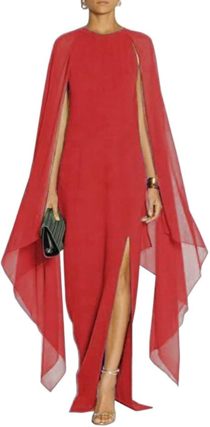 omberprom Women's Elegant Flare Sleeve Formal Evening Gowns Maxi Dress Simple Party Dress With Slit