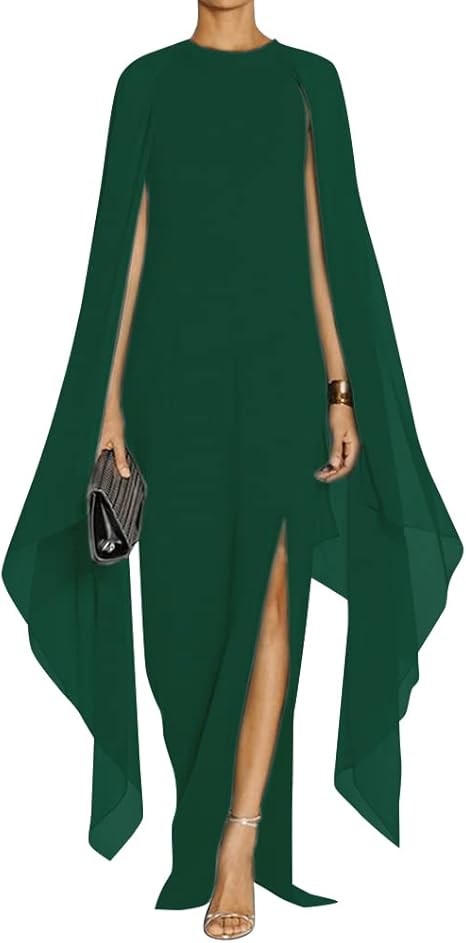 omberprom Women's Elegant Flare Sleeve Formal Evening Gowns Maxi Dress Simple Party Dress With Slit