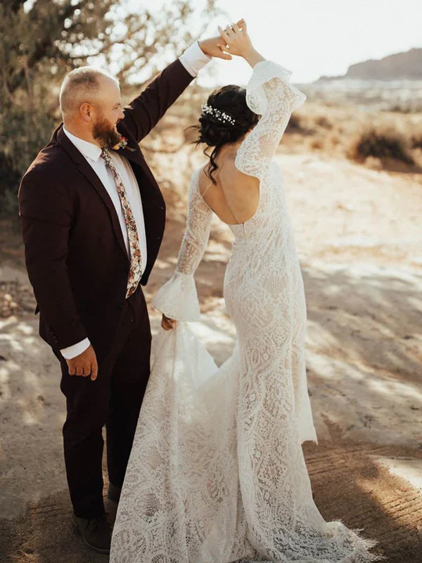 omberprom Elegant Long Sleeves V-Neck Lace Wedding Dresses Backless Bridal Gowns Beautiful