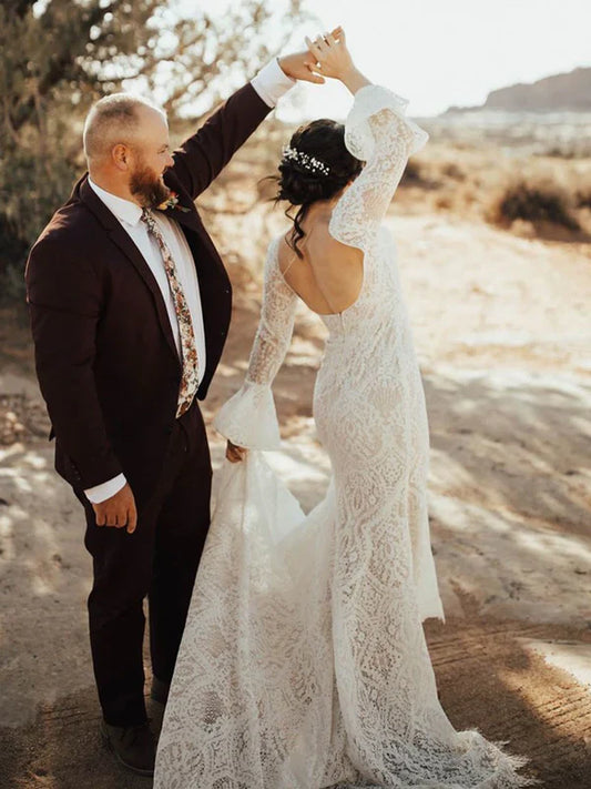 omberprom Elegant Long Sleeves V-Neck Lace Wedding Dresses Backless Bridal Gowns Beautiful