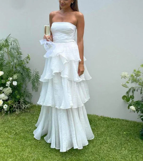 Elegant Strapless Pleated A-Line Chiffon Long Party Dress Off Shoulder Formal Dress Wholesale