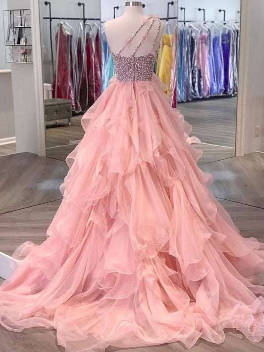 omberprom One-shoulder Tulle Beaded Flower A-line Prom Dresses Floor Length Beautiful Wholesale
