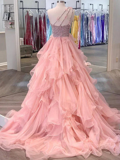 omberprom One-shoulder Tulle Beaded Flower A-line Prom Dresses Floor Length Beautiful Wholesale