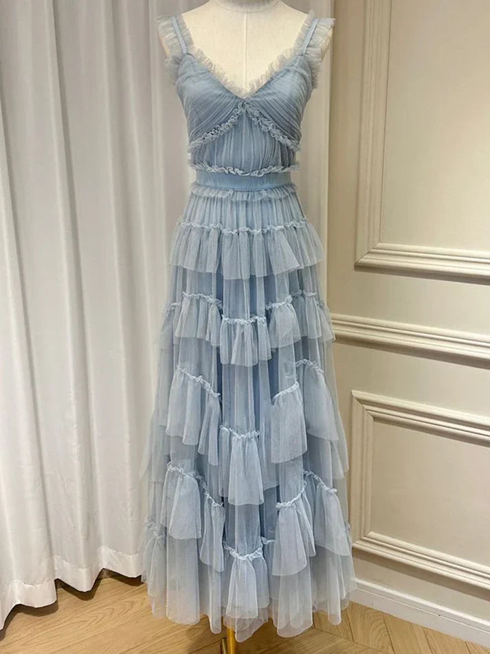 omberprom Blue A-Line Tulle Tiered Cute Prom Dress Party Gown Charming Evening Dress Wholesale