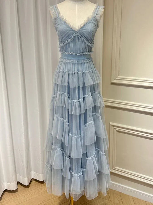 omberprom Blue A-Line Tulle Tiered Cute Prom Dress Party Gown Charming Evening Dress Wholesale