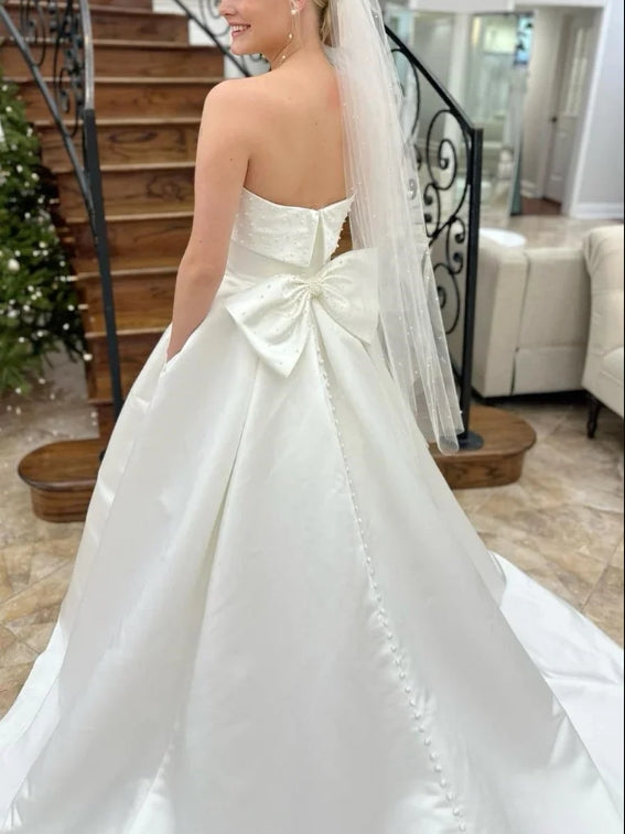 Strapless Bow-Back Pearls A-Line Wedding Dress Off Shoulder Charming No With Wedding Veil And Gloves