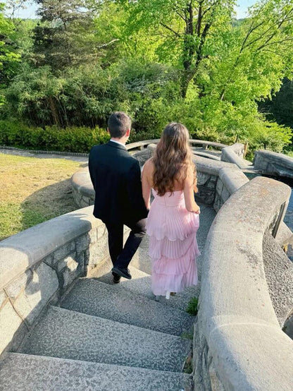 Pink Strapless A-Line Tiered Long Prom Dress Evening Party Dress Off Shoulder Formal Dress Wholesale