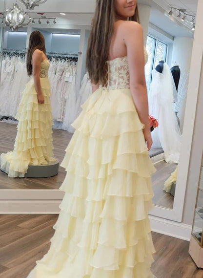 omberprom Hot Pink A-Line Sweetheart Chiffon Tiered Long Prom Dresses with Appliques Charming Wholesale