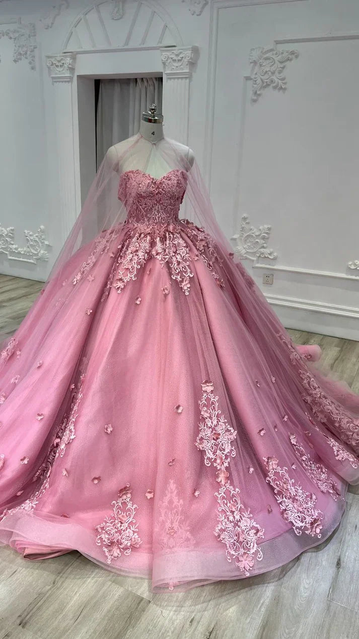 omberprom Sweetheart Tulle Appliques Ball Gowns Quinceanera Dress with Cape Prom Dress Beautiful Wholesale