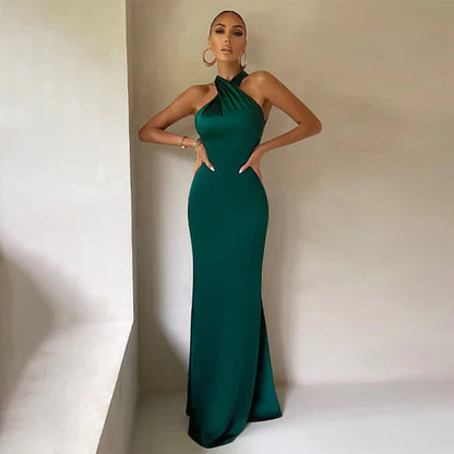 omberprom Sheath Ruched Halter Sleeveless Floor-Length Women's Dresses Evening Party Dress Wholesale