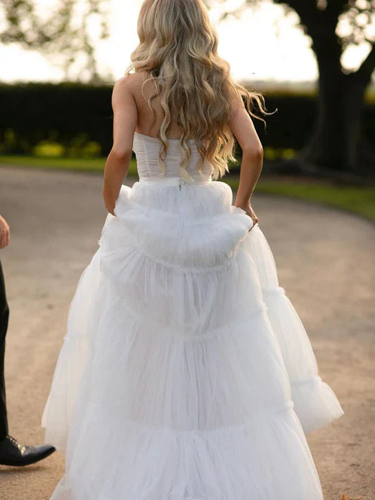 omberprom Elegant Tulle A-line Wedding Dresses Off Shoulder With Slit Simple dress Bridal Gown