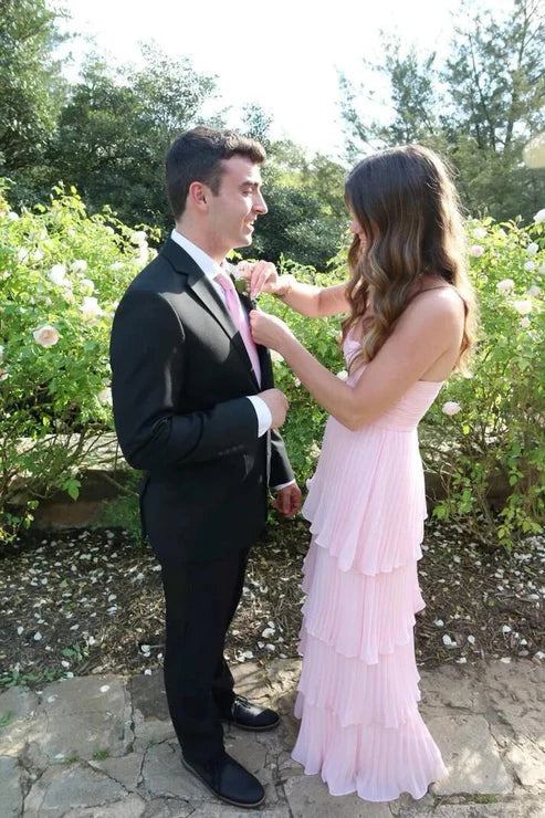 Pink Strapless A-Line Tiered Long Prom Dress Evening Party Dress Off Shoulder Formal Dress Wholesale