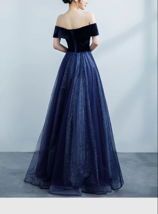 omberprom A Line Off Shoulder Velvet Sweetheart Party Dress Shiny Tulle Long Prom Dress Party Dress Sparkly Evening Dress Wholesale
