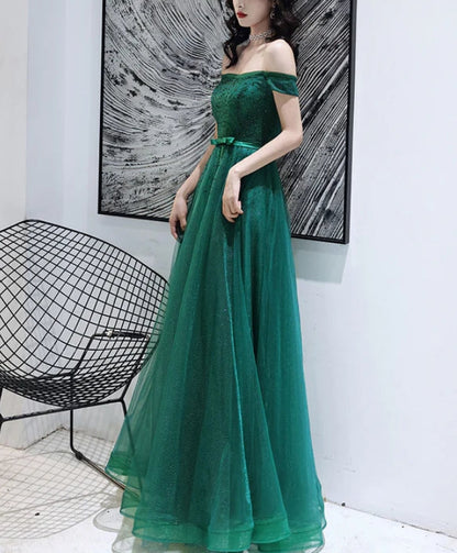 omberprom Green Tulle Beaded Off Shoulder Long Party Dresses A-line Long Evening Dress Prom Dress Wholesale