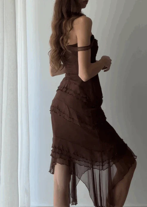 Brown Spaghetti Straps Layered Elegant Midi Party Dress Off Shoulder Formal Dress