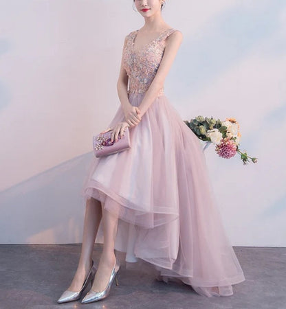 omberprom V-neckline High Low Formal Dress Lace Applique Homecoming Dress Party Dress Elegant Evening Dress Wholesale