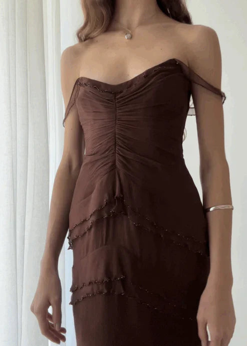 Brown Spaghetti Straps Layered Elegant Midi Party Dress Off Shoulder Formal Dress