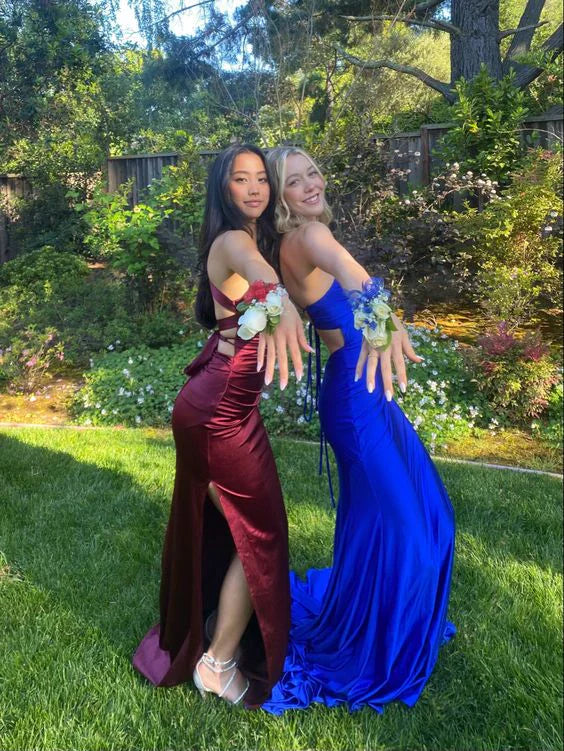 Wine Red Sexy V Neck Satin Mermaid Formal Prom Dress Sexy Party Dress Wholesale