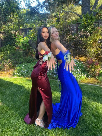 Wine Red Sexy V Neck Satin Mermaid Formal Prom Dress Sexy Party Dress Wholesale