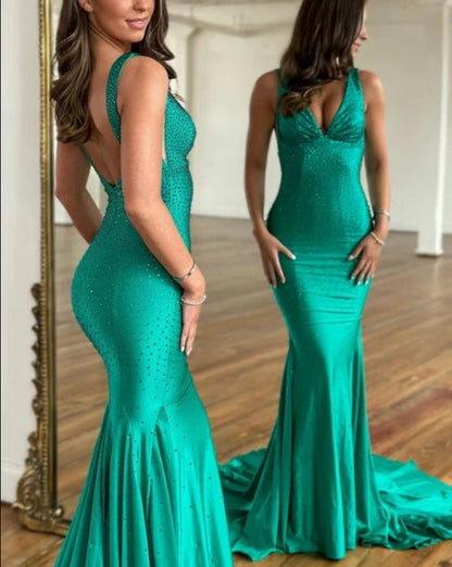 omberprom Green V Neck Backless Beads Mermaid Long Prom Dress Sexy Evening Dress