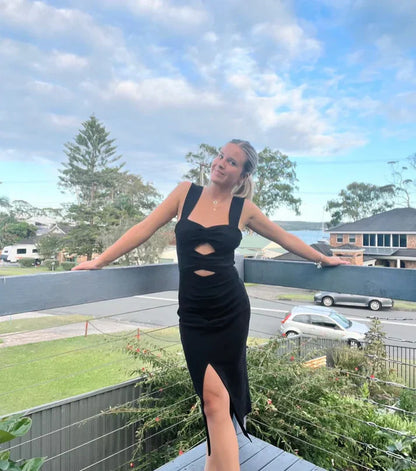 Classy Black Straps Cut Out Evening Party Dress Cocktail Dress Formal Dress With Slit Wholesale