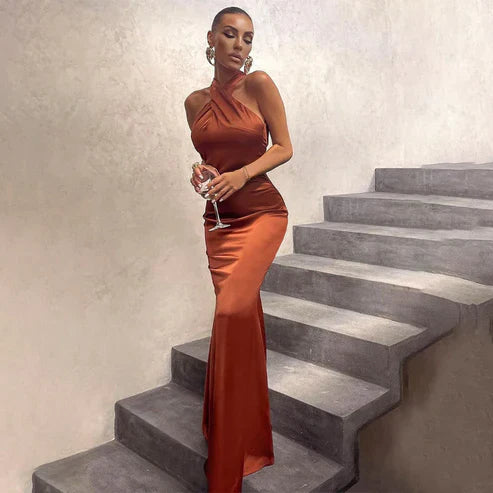 omberprom Sheath Ruched Halter Sleeveless Floor-Length Women's Dresses Evening Party Dress Wholesale